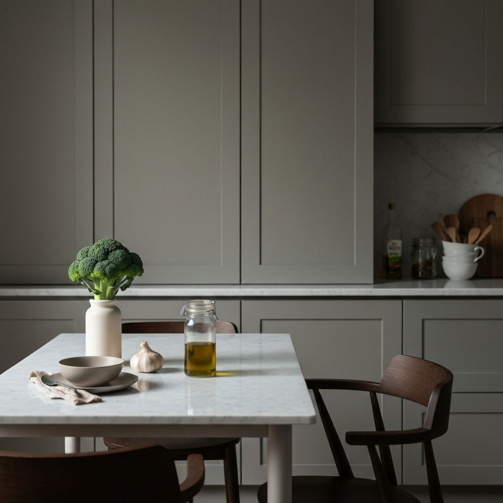 Calm kitchen scene with eating environment